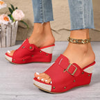 Open toe wedge sandals by Plush Fashion Hub featuring a stylish design with a comfortable platform and ankle strap.