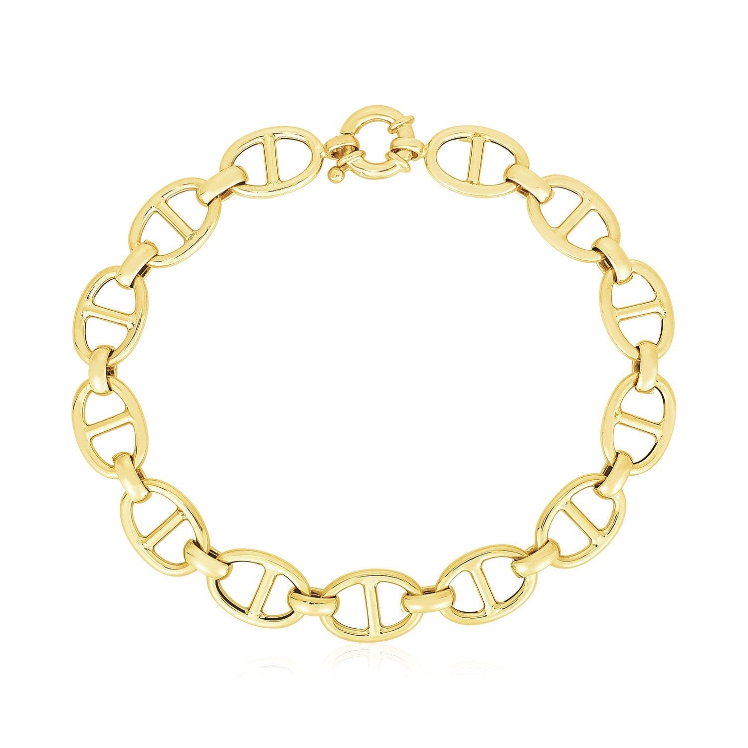 14k yellow gold high polish mariner link bracelet with 8.8mm links, showcasing a shiny, elegant jewelry piece.
