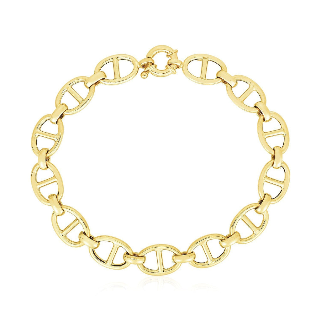 14k yellow gold high polish mariner link bracelet with 8.8mm links, featuring a sleek, polished finish on a jewelry display.