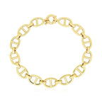 14k yellow gold high polish mariner link bracelet with 8.8mm links, featuring a sleek, polished finish on a jewelry display.