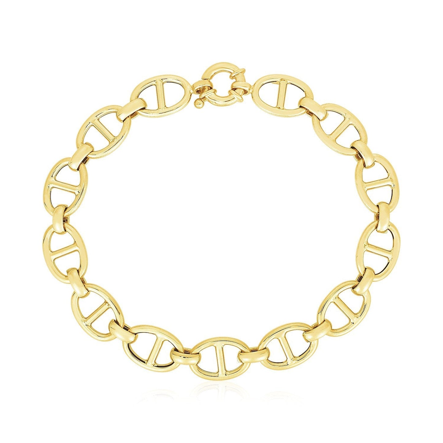 14k yellow gold high polish mariner link bracelet with 8.8mm links, featuring a sleek, polished finish on a jewelry display.