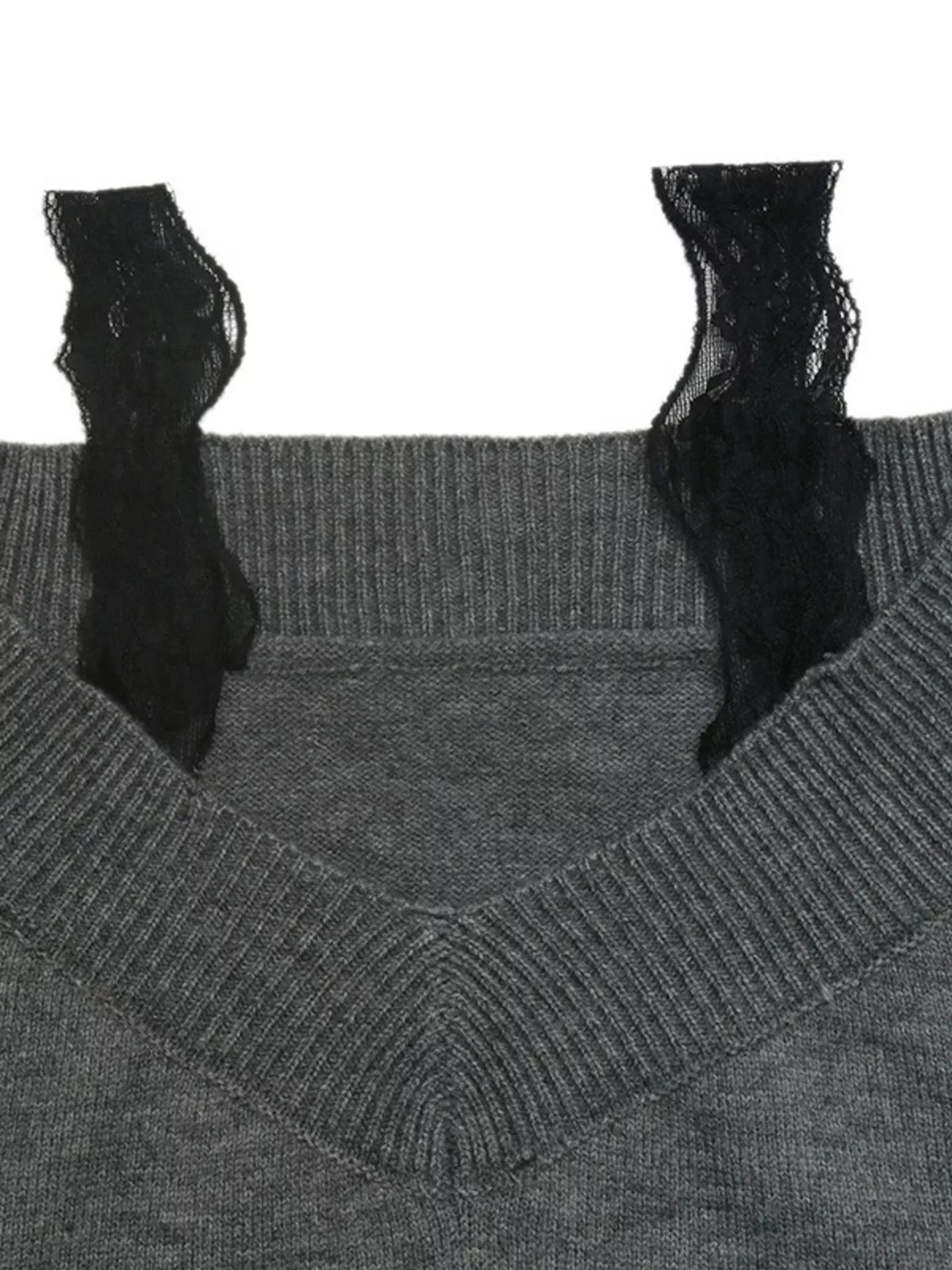 Off-shoulder lace trim sweater by Plush Fashion Hub, featuring a cozy knit design with delicate lace accents on the shoulders.