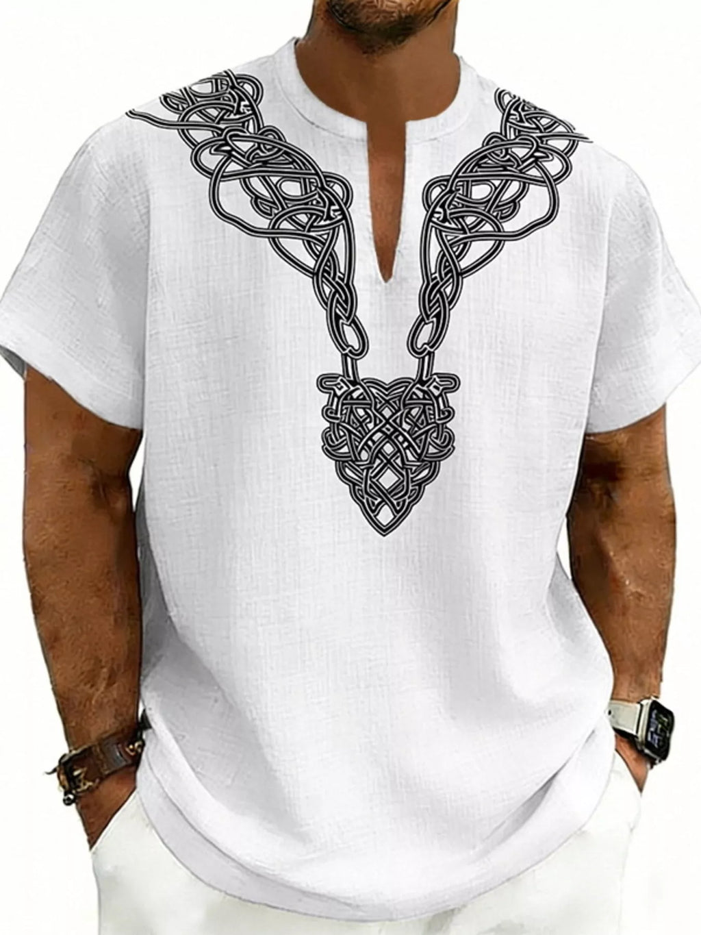 Men's plus size short sleeve notched printed blouse by Trendsi, featuring a stylish design with a comfortable fit.