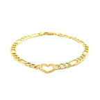 14k yellow gold Figaro chain bracelet with heart charm, 7-inch length, elegant jewelry accessory.