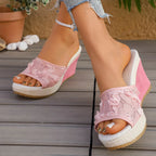 Open toe wedge sandals by Shopimist featuring tan straps and a cork platform for casual summer wear.