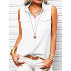 Women’s sleeveless top with lapel collar and pockets, loose fit, solid color, by Plush Fashion Hub.