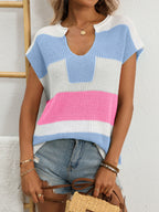 Women's striped notched neck short sleeve knit sweater from Trendsi, featuring casual chic style and a comfortable fit.