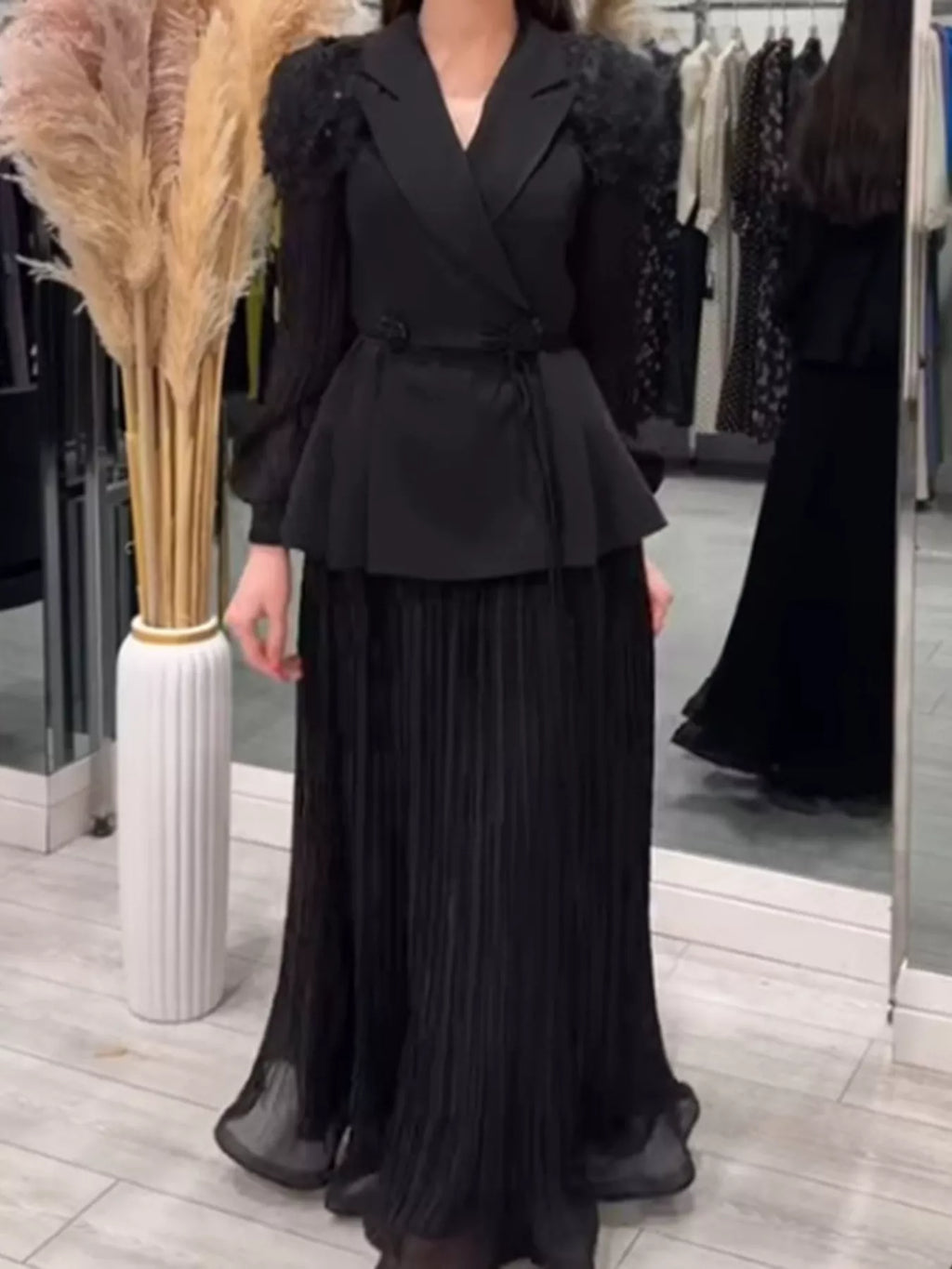 Shopimist two-piece set featuring a frill lapel collar top and pleated skirt, stylish and feminine fashion ensemble.