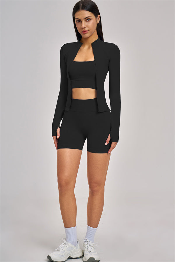 Fitglutes Activewear 3-piece set with a sports bra, jacket, and shorts for gym and workout activities.