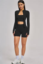 Fitglutes Activewear 3-piece set with a sports bra, jacket, and shorts for gym and workout activities.