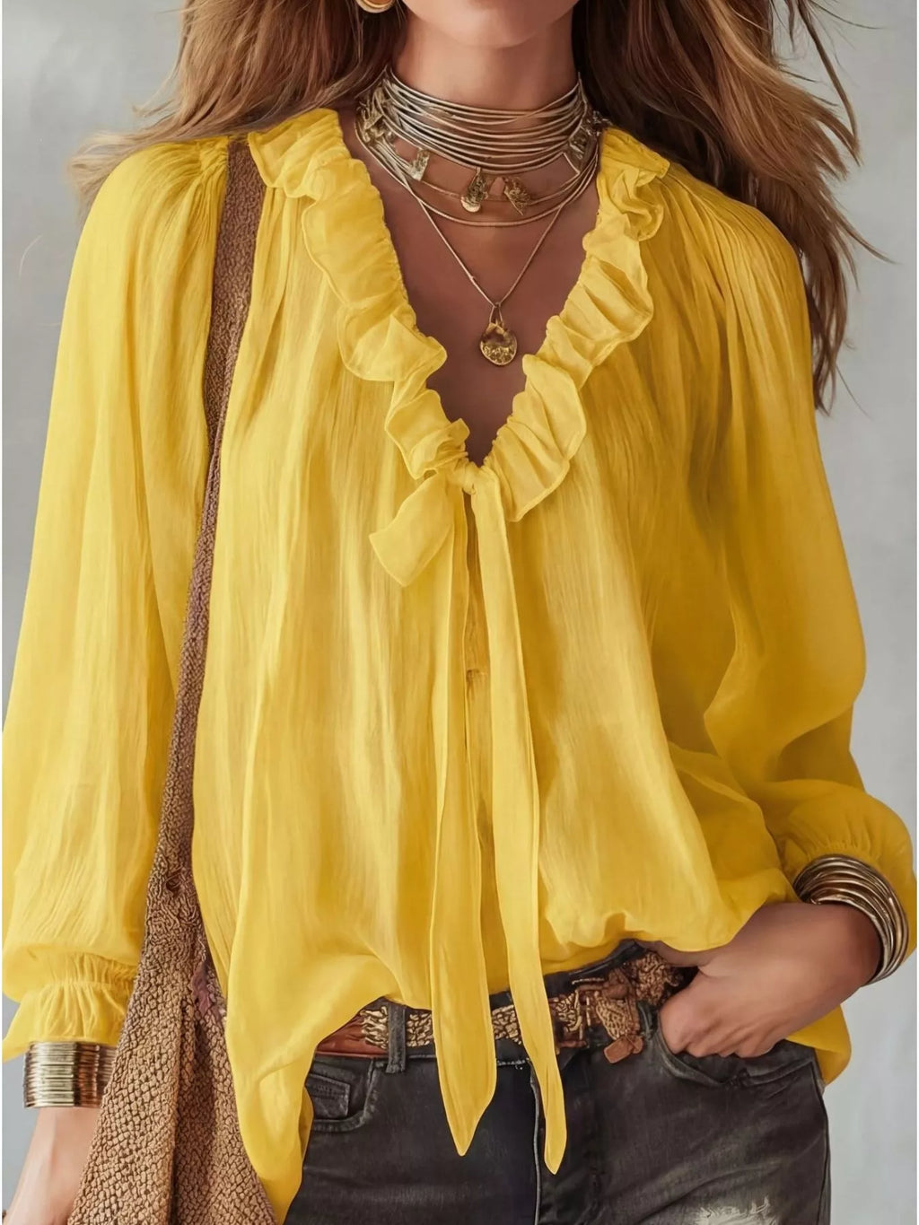 Shopimist ruffle long sleeve blouse with feminine ruffle details and lightweight fabric, perfect for casual or dressy occasions.