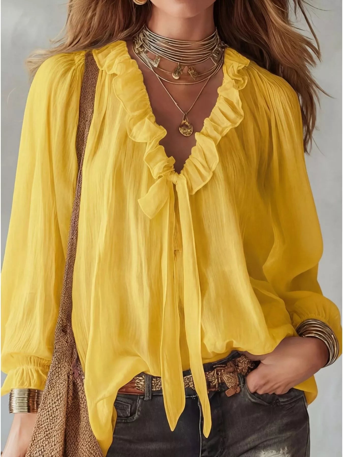 Shopimist ruffle long sleeve blouse with feminine ruffle details and lightweight fabric, perfect for casual or dressy occasions.