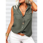 Women's sleeveless top with lapel collar, loose fit, solid color, and pockets from Plush Fashion Hub.