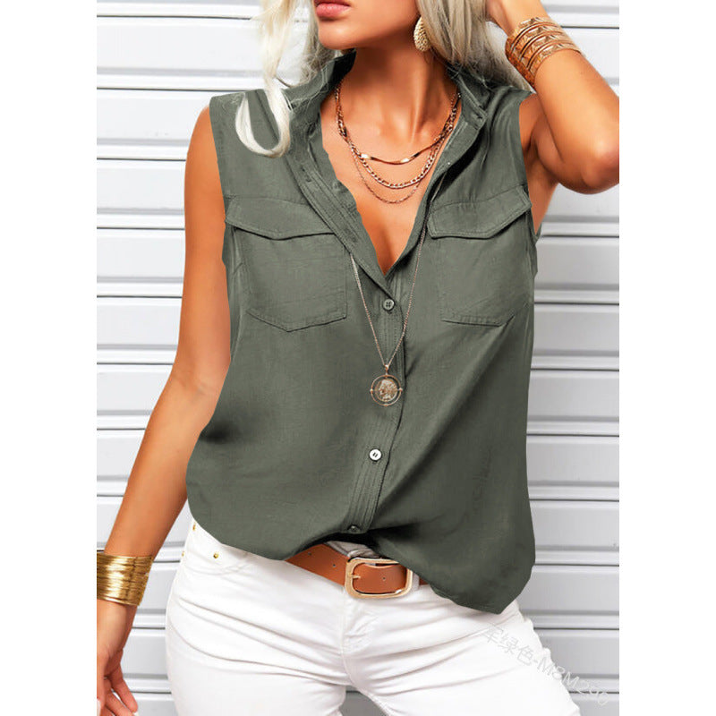 Women's sleeveless top with lapel collar, loose fit, solid color, and pockets from Plush Fashion Hub.