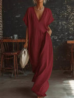 Plus size Shopimist lace trim V-neck maxi dress with full-length skirt and elegant design, ideal for stylish occasions.