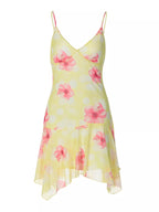 Sheer floral print sleeveless asymmetrical mini dress from Shopimist, featuring a lightweight fabric and elegant design.