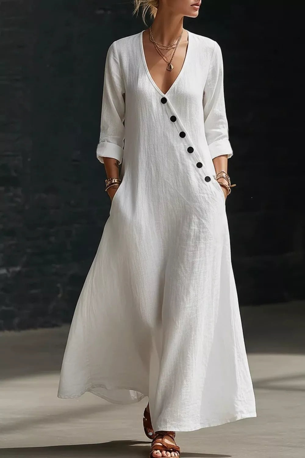 Trendsi surplice long sleeve maxi dress with flowing fabric, V-neckline, and elegant silhouette suitable for formal or casual wear.