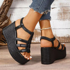 Shopimist open toe wedge sandals with cork heels and adjustable ankle straps, perfect for summer casual wear.