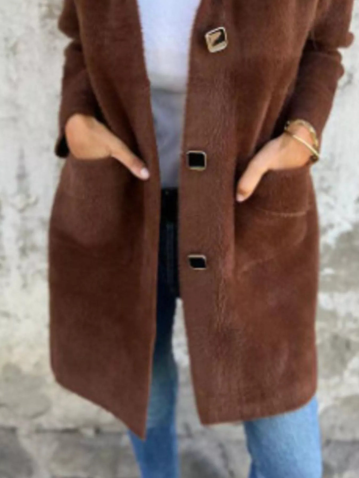 Plus size longline coat by Simply Love featuring a full-size button-down long sleeve design, stylish and comfortable for cooler days.