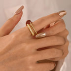 18K gold-plated rhinestone open ring with sparkling gemstones and sleek band design, showcasing elegant jewelry style.