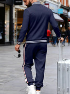 Men's plus size striped snap-down top and pants set from Trendsi, casual full-size men's clothing, front view.