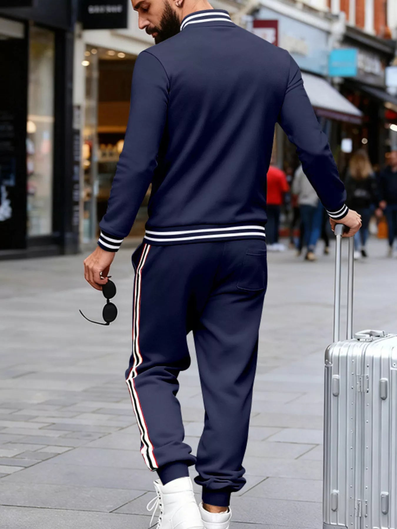 Men's plus size striped snap-down top and pants set from Trendsi, casual full-size men's clothing, front view.
