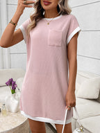 Ribbed knit mini dress with contrast trim and functional pocket, stylish dress from Trendsi featuring a fitted silhouette.
