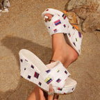 Open toe wedge sandals by Shopimist featuring tan leather straps and a chunky cork heel, perfect for summer wear.