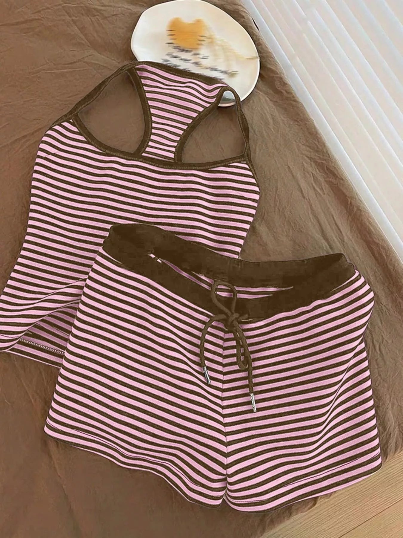 Trendsi striped tank top and matching shorts set, casual summer outfit, lightweight fabric, featuring blue and white stripes.
