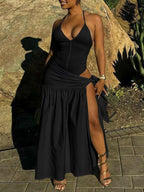 Halter neck ruched bodysuit and matching maxi skirt set by Shopimist, featuring fitted design and elegant styling.