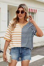 Striped round neck half sleeve T-shirt from Trendsi, casual tops with a classic fit and bold stripe pattern.