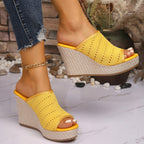 Women's mesh open toe wedge sandals by Trendsi featuring stylish high heels and comfortable design.