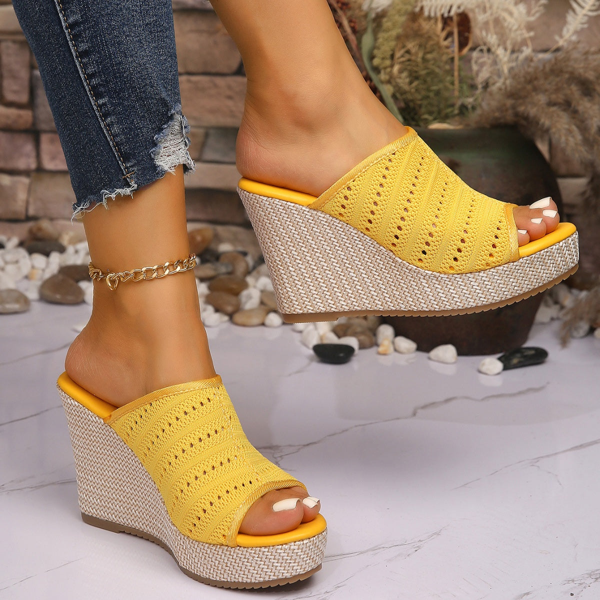 Women's mesh open toe wedge sandals by Trendsi featuring stylish high heels and comfortable design.