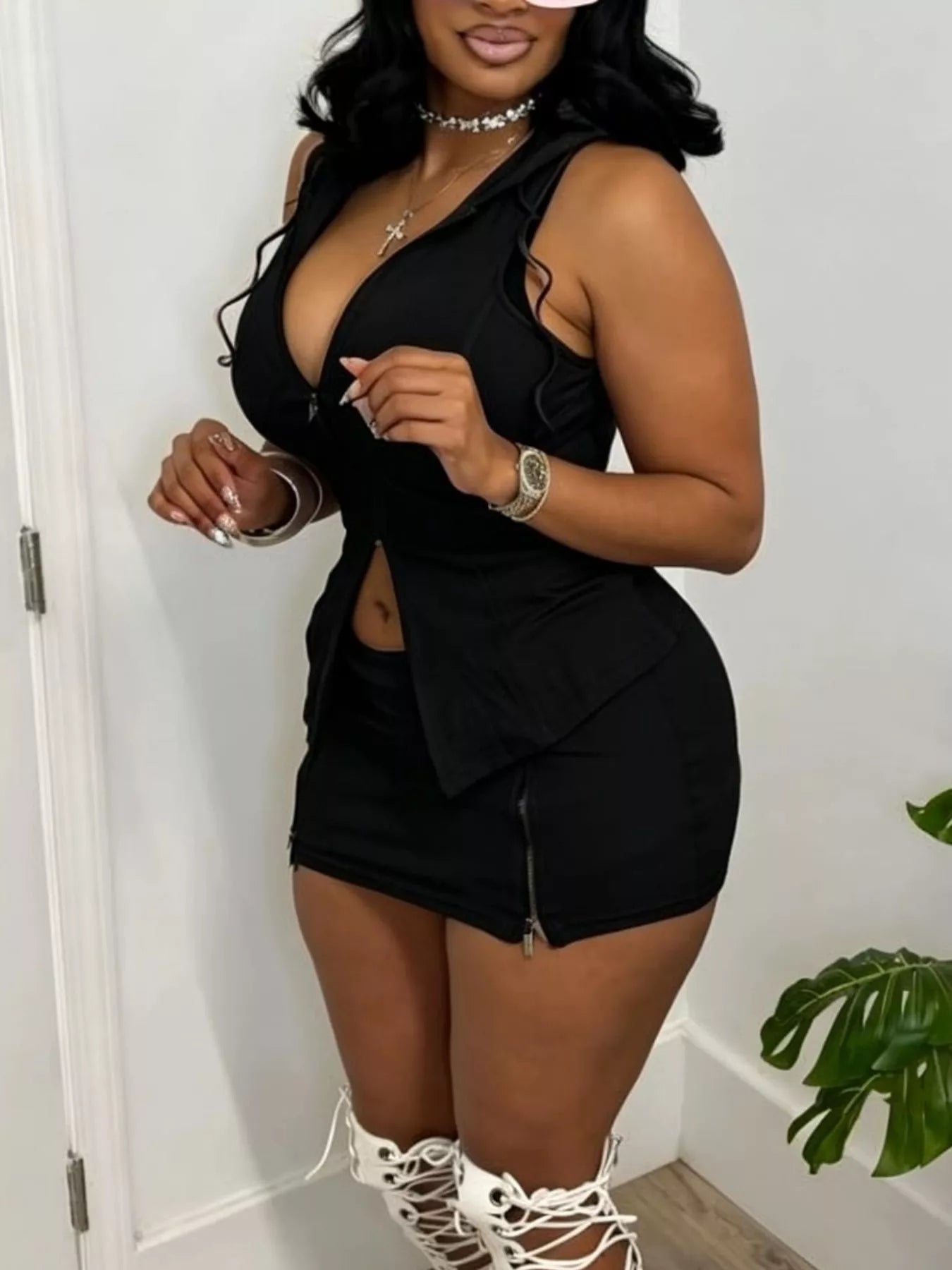 Shopimist hooded zippered sleeveless top and skirt set, stylish casual outfit with a modern design and comfortable fit.