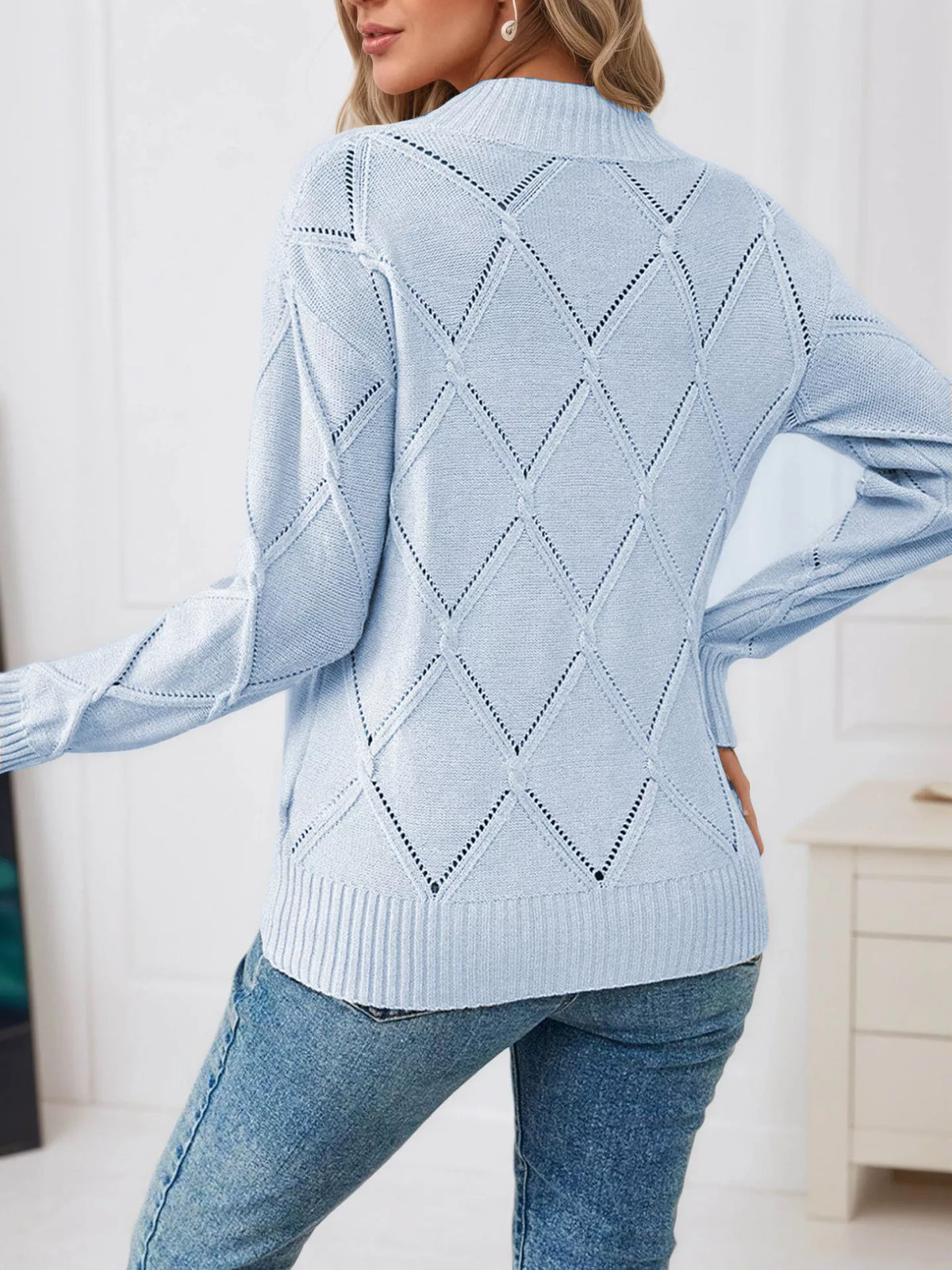 Simply Love long sleeve diamond eyelet knit top with textured knit fabric and stylish eyelet detailing on the sleeves.