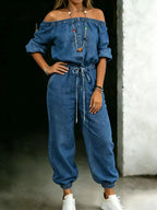 Off shoulder jumpsuit with pockets from Shopimist, featuring a stylish fit and casual design, showcased in the product image.