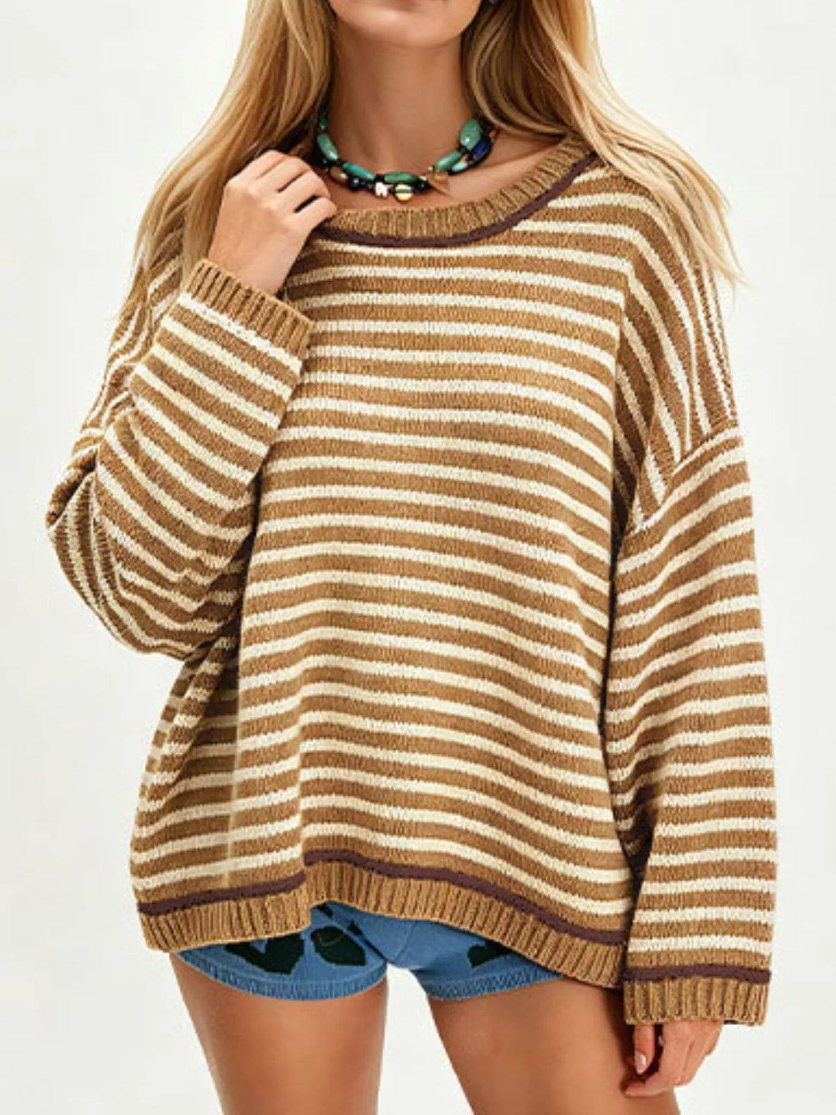 Oversized striped dropped shoulder sweater from Trendsi, featuring bold horizontal stripes and a cozy, relaxed fit.