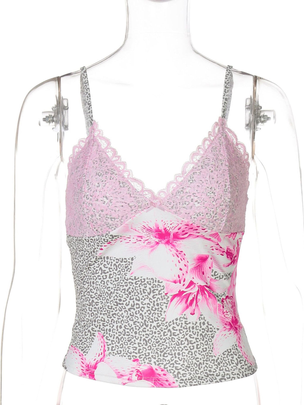 Women's leopard print cami top by Trendsi featuring delicate lace trim, stylish animal print, and lightweight sleeveless design.