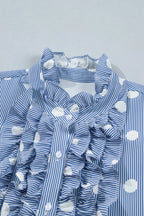 Stripe Contrast Polka Dot Print Pleated Ruffle Sleeve Shirt