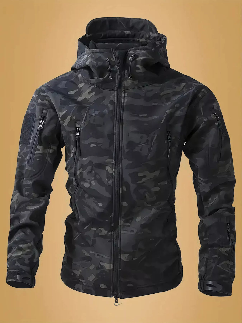 Men's camouflage zip-up hooded jacket by Shopimist, featuring a tactical camouflage pattern and front zipper closure.