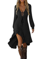 Women's ruffled high-low lace-up dress with smocked bodice by Trendsi, shown with flowing fabric and detailed ruffle accents.