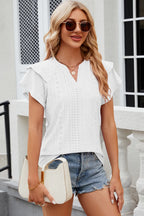 Light blue eyelet notched flutter sleeve T-shirt from Trendsi, featuring a relaxed fit and stylish flutter sleeves.