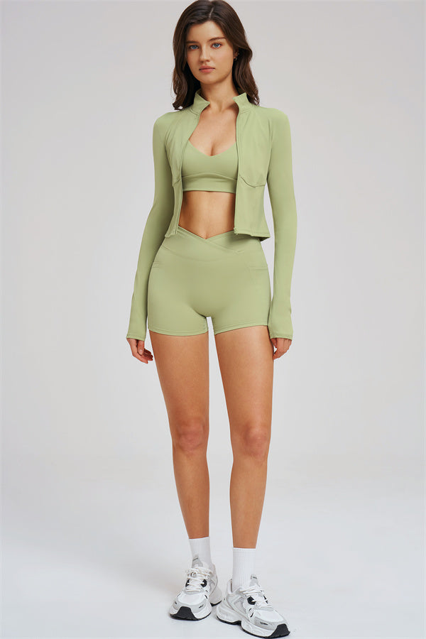 Fitglutes Activewear 3-piece set includes a zip jacket, sports bra, and shorts for workout and gym activities.