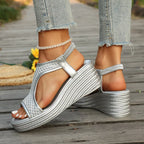 Open toe wedge sandals by Shopimist featuring a stylish design with a comfortable platform and ankle straps.