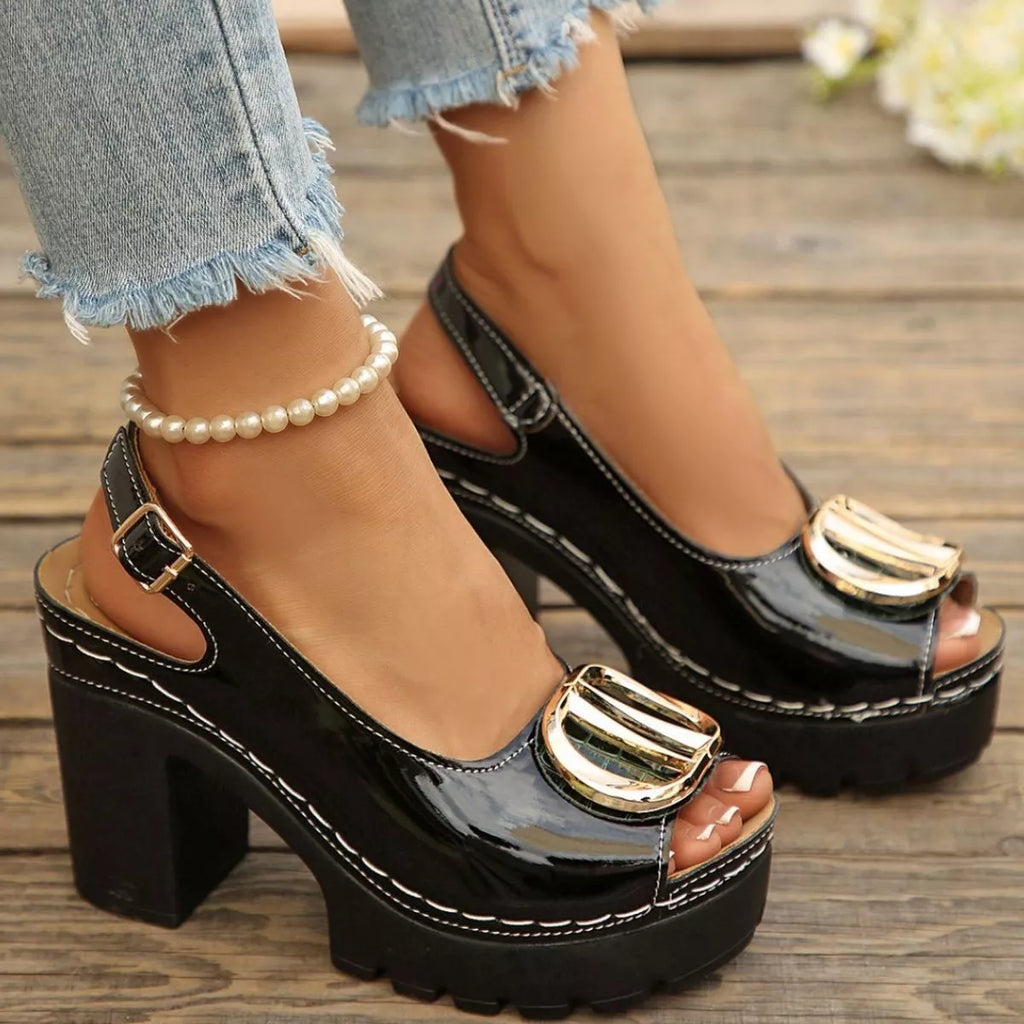 Shopimist peep toe block heel sandals with open toe design, chunky heel, and stylish ankle strap on a neutral background.