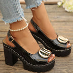 Shopimist peep toe block heel sandals with open toe design, chunky heel, and stylish ankle strap on a neutral background.