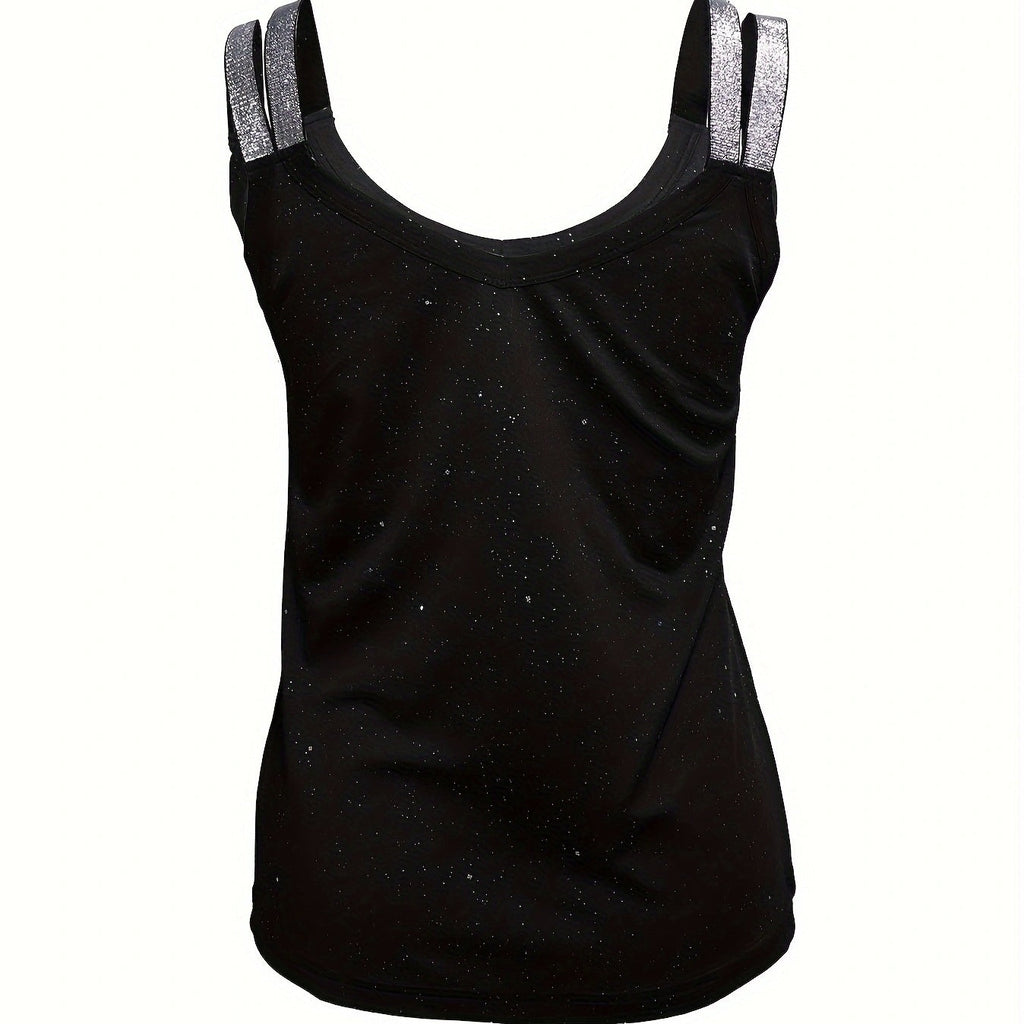 Women’s sequin camisole top from FitiqueFit, casualwear, featuring shiny sequin embellishments and a sleeveless design.