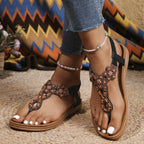 Bohemian rhinestone beaded thong sandals with elastic ankle strap, flat comfort shoe by Trendsi