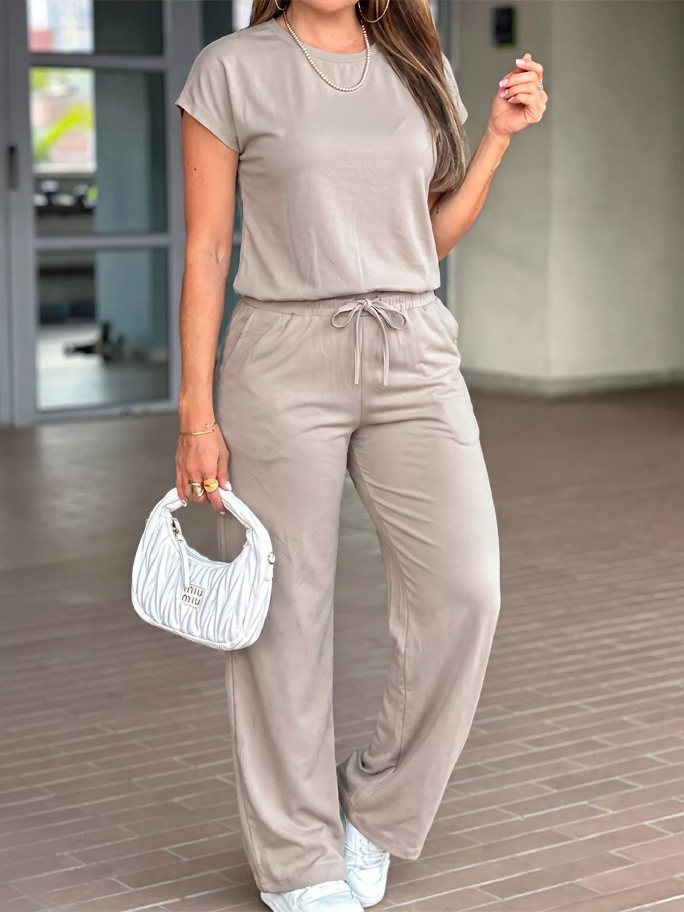 Plush Fashion Hub plush loungewear set with round neck tee and drawstring pants, soft and comfortable for casual wear.