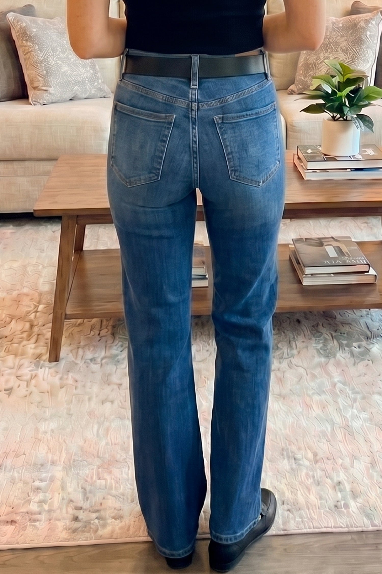 Yusra Seam Detail Shift Jeans by Threaded Pear, showcasing classic blue denim with stylish seam accents and a relaxed fit.